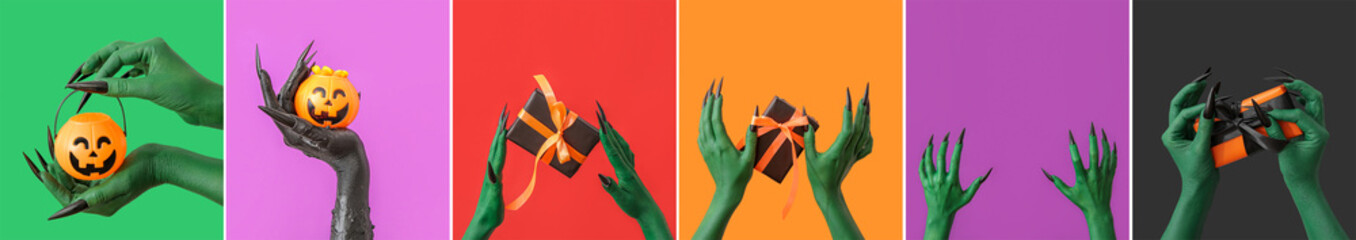 Collage of creepy witch's hands on color background. Halloween celebration