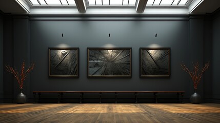 Gallery interior with empty frames on the wall, 3d render illustration. Art exhibition. Mock up. - obrazy, fototapety, plakaty