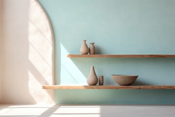 This vibrant and eclectic display of earthenware vases and bowls on a wall shelf creates an eye-catching design that will add a unique charm to any indoor space