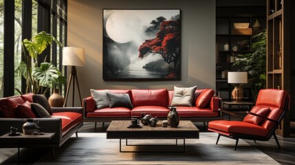 In a cozy den of vibrant red, two comfortable couches flank the wall, adorned with a beautiful painting, inviting relaxation and inspiring creative ideas