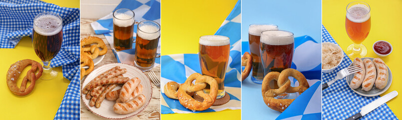 Collage of glasses of cold beer with tasty pretzels and sausages on color background