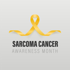 Sarcoma, Bone Cancer Banner, Card, Placard with Vector 3d Realistic Yellow Ribbon on Grey Background. Sarcoma Cancer Awareness Month Symbol Closeup, July. World Bone Cancer Day Concept