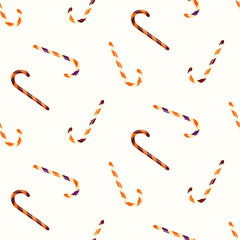 Seamless pattern of Halloween trick or treat candies on isolated background. Background in traditional colours for Halloween celebration, textiles, wall papers, wrapping paper, scrapbooking. 