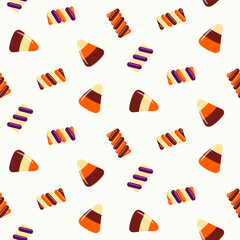 Seamless pattern of Halloween trick or treat candies on isolated background. Background in traditional colours for Halloween celebration, textiles, wall papers, wrapping paper, scrapbooking. 