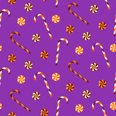 Seamless pattern of Halloween trick or treat candies on isolated background. Background in traditional colours for Halloween celebration, textiles, wall papers, wrapping paper, scrapbooking. 