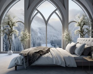 On a winter day, the bedroom bathed in warm sunlight streaming through the large windows offers a peaceful respite from the outside world, with the lush trees just beyond the walls and the cozy furni