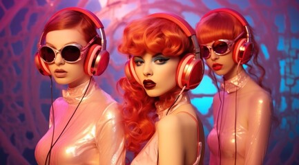 A group of stylish women wearing headphones, sunglasses, and goggles stand in unison, each radiating a unique, captivating fashion sense