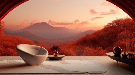 A captivating scene of a chair and table situated in a majestic outdoor landscape of mountains, trees, and clouds with a breathtakingly beautiful sunset as the backdrop, creating an unforgettable ind