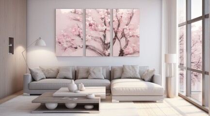 A cozy living room with a plush couch, stylish wallpaper, and a beautiful painting of a tree, creating a warm and inviting atmosphere for relaxation and comfort