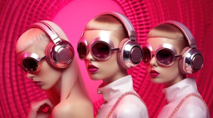 A group of fashion-forward women strut confidently in their chic eyewear and pink accessories, looking stylish and empowered with their headphones and sunglasses - obrazy, fototapety, plakaty