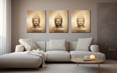 A vibrant living room full of personality, where a cozy couch and loveseat are accompanied by a stylish vase, artful pillows, and a serene buddha, creating an inviting atmosphere to relax and recharg