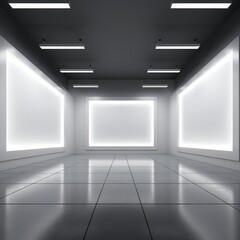 Gallery interior with empty frames on the wall, 3d render illustration. Interior design of modern glass wall and art exhibition. Modern art gallery interior with blank poster on wall. Mock up. 