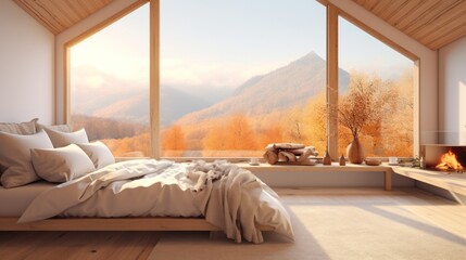 A cozy bedroom with a comfortable bed, fluffy pillows, and a window that frames the majestic mountain range beyond, inviting you to relax and soak in the beauty of nature