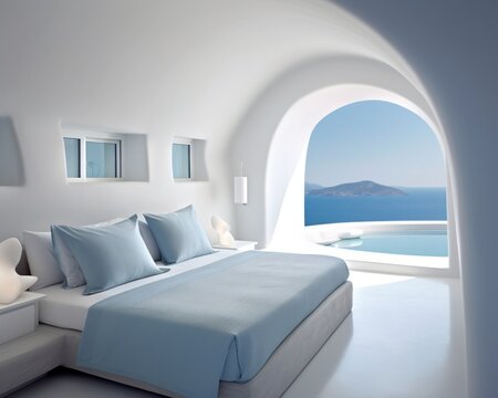 A luxurious bedroom suite featuring a plush bed, complete with sumptuous linens and cushions, is bathed in light with a sparkling pool in the background, creating a stunning and inviting atmosphere