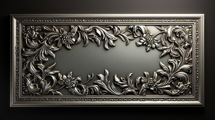 3d render. Luxury metal frame with ornament on black wall. Decorative frame for paintings, mirrors or photo.  