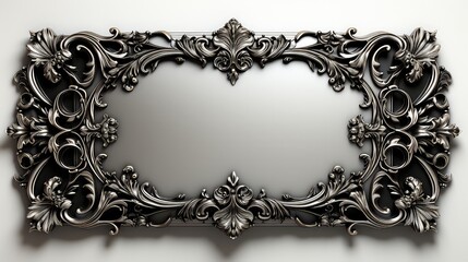 3d render. Luxury metal frame with ornament on black wall. Decorative frame for paintings, mirrors or photo.  