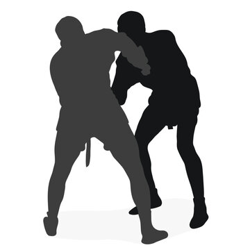 Image of silhouettes sambo athletes in sambo wrestling, combat sambo, duel, fight, fistfight, struggle, tussle, brawl, jiu jitsu. Martial art, sportsmanship
