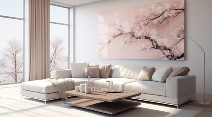 A cozy den filled with plush furniture, vibrant colors, and warm sunlight streaming through the window, providing a perfect backdrop to admire the stunning painting adorning the wall
