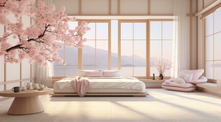The cozy bedroom is filled with sun-dappled furniture, a cheerful vase of flowers, and a large window framing a majestic tree, creating an inviting and peaceful atmosphere
