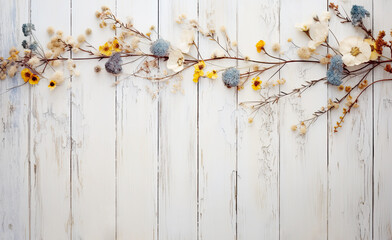 Autumn Dried Flowers Frame on Retro Wood Texture Top View Mock Up