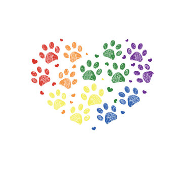 Rainbow colored paw prints with hearts