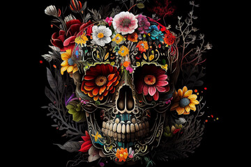 mexican skull in flowers. created with generative AI technology