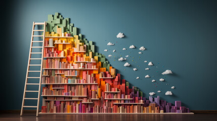 Playful Learning: Colorful Blocks and Ladder on Cloudy Blue Wall