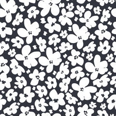 Simple black white flower field. Seamless fabric design pattern