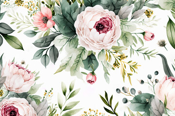 Seamless watercolor floral pattern with flower composition created with generetive AI technology