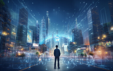 Artificial intelligence looking at smart city, AI control city infrastructure, data traffic, ensure safety. World communication