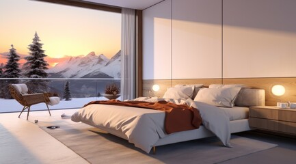 A sun-drenched bedroom with cozy furniture, fluffy pillows, and luxurious bedding offers a breathtaking view of the majestic mountains, creating an inviting retreat perfect for relaxation