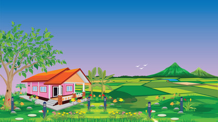 beautiful home with flower garden,paddy field vector design