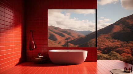 A red bathroom with a tub and a window creates an indoor-outdoor escape, inviting the sky, clouds, and distant mountains to be part of the tranquil experience