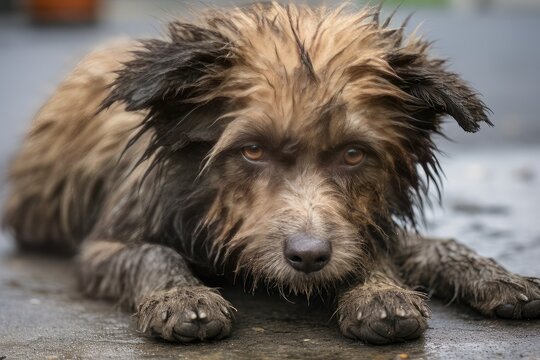 A close-up of a stray dog with thick, matted fur. The dog is sitting on a dirty sidewalk, and it looks tired and hungry. The dog's fur is a dirty brown color, and it is covered in burrs and twigs. 