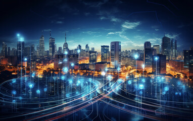 Artificial intelligence looking at smart city, AI control city infrastructure, data traffic, ensure safety. World communication