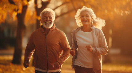 A heartwarming close-up portrait of an elderly couple jogging at a leisurely pace through a serene park, their bond evident in every step.