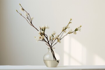 A solitary vase filled with elegant white flowers stands against a stark wall, its delicate ikebana branches a reminder of nature's beauty within the confines of an indoor space