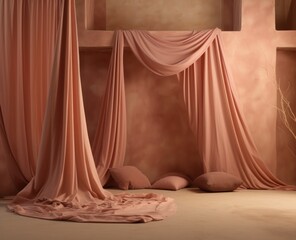 The soft pink fabric of the curtains and pillows invites warmth and comfort into the room, creating a cozy and inviting space