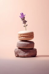 A vibrant purple flower blooms atop a stack of delicious cookies, bringing a cheerful burst of life to an otherwise mundane indoor wall