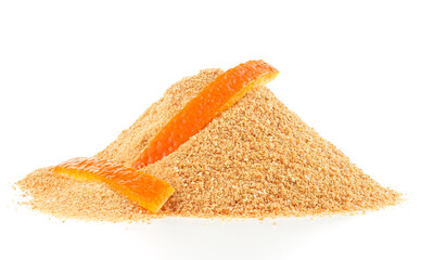 Ground dried orange peel and fresh orange peel isolated on a white background