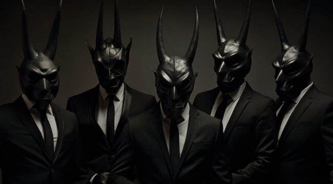 A mysterious group of men shrouded in darkness, cloaked in black suits and masks, stand silently, hinting at a hidden purpose