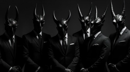 A shadowy group of masked men in sharp black suits silently stands together, ready to challenge any who cross their path