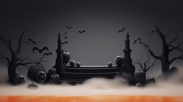 Halloween podium background pumpkin product platform scene display. Background orange autumn podium 3D render scary party spooky fall, happy halloween mockup abstract studio pedestal. Generative AI