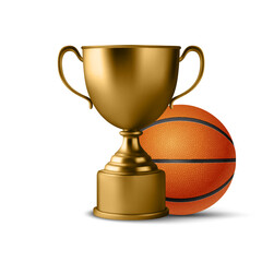 Realistic Vector 3d Blank Golden Champion Cup Icon wirh Basketball Set Closeup Isolated on White. Design Template of Championship Trophy. Sport Tournament Award, Gold Winner Cup and Victory Concept