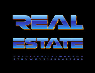 Vector modern banner Real Estate. Blue and Gold Alphabet Letters and Numbers set. Futuristic style Font