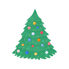Christmas Tree isolated. Vector flat illustration. Decorated Xmas fir, pine or spruce. Christmas symbol with decorations and lights