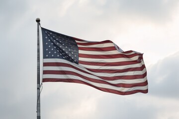 A vivid flag flutters in the breeze against a backdrop of puffy white clouds and a brilliant blue sky, standing tall atop a solid metal pole as a proud symbol of freedom and hope
