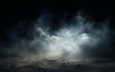 Background flying dust grains in a dark room with a dark dark background, Empty walls,  particles lights, smoke, glow, rays