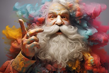 Surreal Santa Claus with clothes and hair painted in rainbow colors. Season greetings concept. Generative AI
