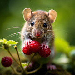 Small field mouse eating a raspberry